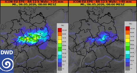 Wahrscheinlichkeiten für mehr als 25 bzw. 40 l/m² in 12 Stunden bis 06.05.2026 08 Uhr laut dem Wettermodell ICON. (Quelle:DWD)