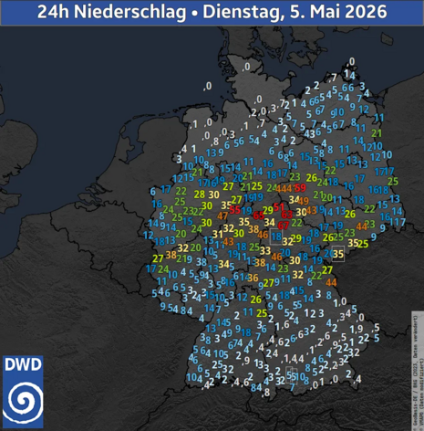 24-stündige Niederschlagsmenge von Dienstag, 5. Mai, 8 Uhr bis Mittwoch, 6. Mai, 8 Uhr. (Quelle:DWD)
