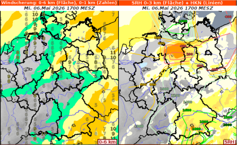 Abb.3: Vorhersagefelder zur Geschwindigkeitsscherung (links) sowie der Richtungsscherung und Höhe der Wolkenunterkante (rechts).
