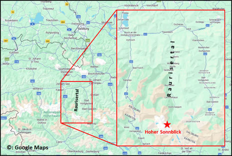 Karte des Bundeslandes Salzburg mit Detailkarte des Raurisertals. Quelle: Google Maps