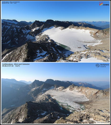 Webcambilder des Goldbergkees, oben vom 06.08.2016, unten vom 09.08.2025. Quelle: GeoSphere Austria / foto-webcam.eu