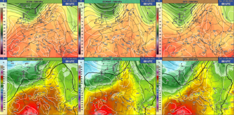 Modellvergleich der prognostizierten Großwetterlage für Sonntag, den 21.06.2026 um 00 UTC. Die Verlagerung des herannahenden Troges über Nordwesteuropa ist noch mit einigen Unsicherheiten verbunden. (Quelle:DWD)