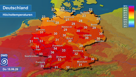 Prognose der Höchsttemperatur für Donnerstag, den 18.06.2026