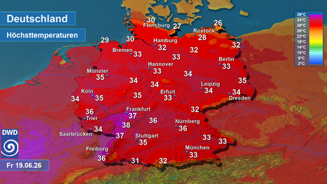 Prognose der Höchsttemperatur für Freitag, den 19.06.2026