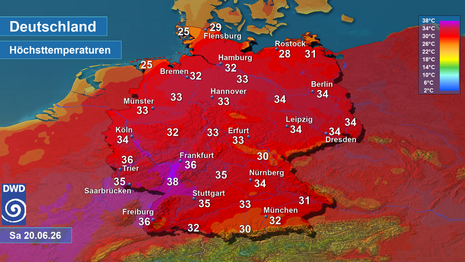 Prognose der Höchsttemperatur für Samstag, den 20.06.2026