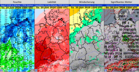 Zutaten für Gewitter, sowie das signifikante Wetter für Samstag, den 20.06.2026 um 15 UTC. Hohe Feuchtewerte, hohe Labilität und geringe Windscherung, sowie fehlender starker Hebungsantrieb sorgen für meist isolierte Gewitter. Nur im Osten treten diese etwas häufiger auf.