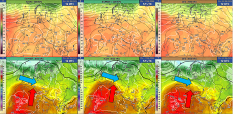 Prognostizierte Wetterlage der verschiedenen Vorhersagemodelle am kommenden Montag um 12 UTC. Das Vordringen der kühleren Luft von Norden wird noch unterschiedlich berechnet. Gleichzeitig deutet sich ein neuer Schwall sehr heißer Luft aus Südwesten an.