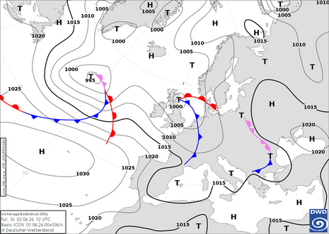 Fronten- und Bodendruckvorhersagekarte für Dienstag, 02.06.2026, 12 UTC (ICON-Lauf 00 UTC + 36)