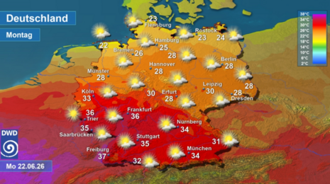 Wettervorhersage sowie Vorhersage der Tageshöchsttemperaturen in Deutschland am heutigen Montag, den 22.06.2026