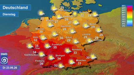 Wettervorhersage sowie Vorhersage der Tageshöchsttemperaturen in Deutschland am morgigen Dienstag, den 23.06.2026