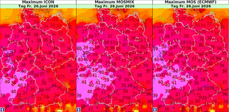Bereits am morgigen Freitag sind 40 Grad (und mehr) vom Oberrhein bis nach Frankfurt realistisch und werden von allen Modellen so gesehen.