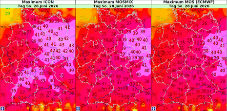 Am Sonntag gehen die Modelle ein Stück weit auseinander: Während in den Prognosen der deutschen Modellkette sogar 43 (!) Grad zu finden sind, wäre nach dem Willen von MOSMIX und dem MOS des ECMWF bei 41 Grad Schluss. Hier muss noch abgewartet werden, was genau passiert.