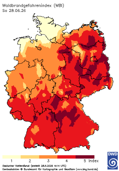 Die Deutschlandkarte des Waldbrandgefahrenindex für den gestrigen Sonntag, den 28.06.2026.