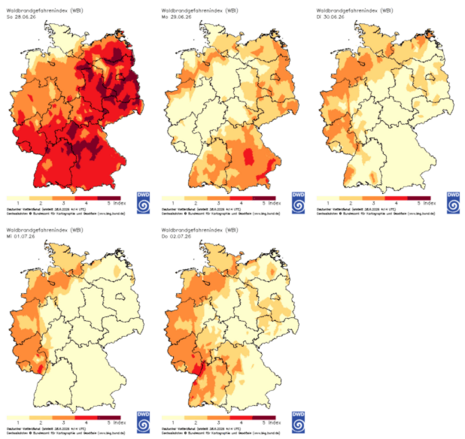 Der Waldbrandgefahrenindex ausgehend vom Sonntag (28.06.2026) und für die darauf folgenden vier Tage.