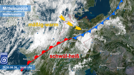Abb. 1: Satellitenbild, Fronten und Luftmassen am 30.06.2026, 10 Uhr.