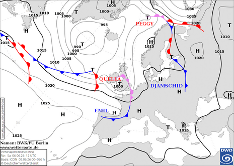 Vorhersagekarte für die Druckverteilung und die Lage der Frontensysteme am Samstag, den 06.06.2026 um 12 UTC (Quelle: DWD)
