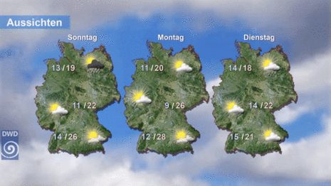 Vorhersagekarte mit Symbolen und Temperaturen am Sonntag, Montag und Dienstag (Quelle: DWD)