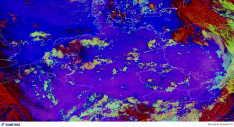 Animation des Nebels/niedrige Wolken Produkts des EUMETSAT MTG Satelliten, für die Nacht vom 05.06.2026 auf den 06.06.2026.