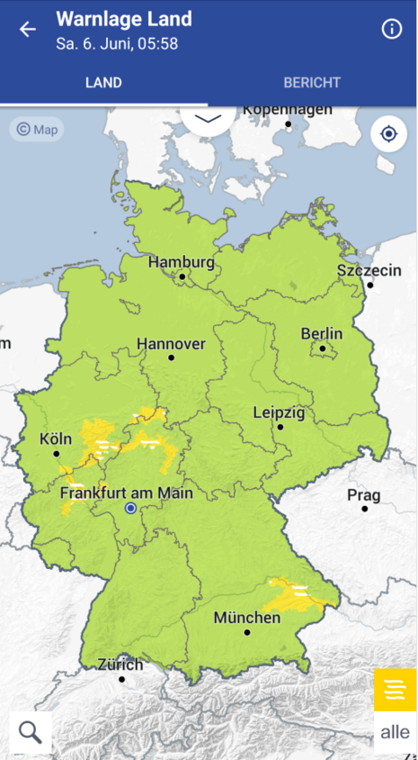 Warnkarte aus der WarnWetter-App vom 06.06.2026 um kurz vor 6 Uhr morgens, kurz bevor einige der ausgegebenen Nebelwarnungen ausgelaufen sind.