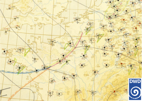 Ausschnitt aus der Wetterkarte der Zentralen Wetterdienstgruppe (ZWG) des Generalstabes der Luftwaffe vom 6. Juni 1944, 11 DSZ