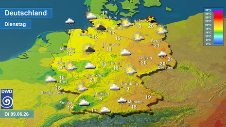 Am morgigen Dienstag ist das Wetter in Teilen sehr unbeständig mit Schauern, Gewittern oder länger anhaltendem Regen bei gemäßigten Temperaturen. (Quelle:DWD)