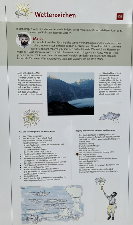 Foto einer Infotafel aus Casaccia/Maloja, Oberengadin, Schweiz