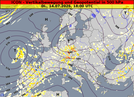 In 5,5 km Höhe (500 hPa) ist deutlich das Höhentief über Mitteleuropa zu sehen, das wie ein Höhenei umher wabert und von den Modellen nur schwer erfasst werden kann. Quelle: Deutscher Wetterdienst