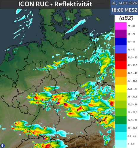 Die prognostizierte Reflektivität für 18 Uhr zeigt deutliche Hinweise auf schwere Konvektion, vor allem von der Mitte bis in den Süden. Quelle: Deutscher Wetterdienst