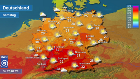 Wettervorhersage sowie Vorhersage der Tageshöchsttemperaturen in Deutschland am morgigen Samstag, den 25.07.2026