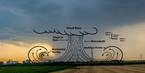 Schematische Darstellung eines Downbursts. Grafik nach einer Darstellung der Federal Aviation Administration (FAA), bearbeitet und ergänzt.