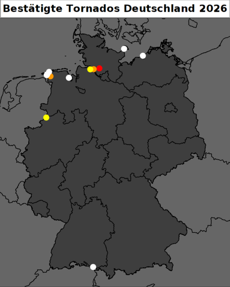 Die Karte zeigt die bisher bestätigten Tornadofälle in Deutschland im Jahr 2026.