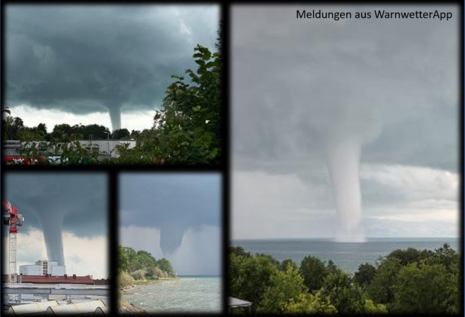 Im Bild sieht man eine Zusammenstellung der Bilder vom Tornado über dem Bodensee am 01.07.2026 aus unserer WarnwetterApp.