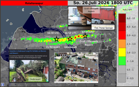 Die Karte zeigt die Rotationsspur der Gewitterzelle, die mind. drei Tornados am 26.07.2026 hervorgebracht hat.