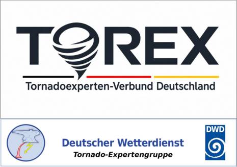 Zu sehen sind die Logos des Tornadoexperten-Verbunds Deutschland und der Tornadoexperten Gruppe des Deutschen Wetterdienstes.