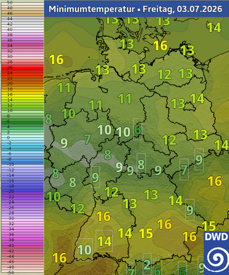 Tiefsttemperaturen der vergangenen Nacht zum Freitag, den 03. Juli 2026.