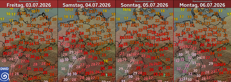 MOSMIX-Vorhersage der Tageshöchstwerte vom heutigen Freitag, den 03. Juli 2026 bis Montag, den 06. Juli 2026.