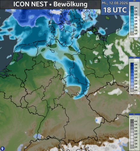 Dargestellt ist die Gesamtbewölkung am morgigen Mittwochabend gegen 20 MESZ (18 UTC), wenn der Höhepunkt der Sonnenfinsternis erwartet wird. Lediglich den Norden und Teile der Mitte überziehen ein paar Wolken, meist handelt es sich dabei aber um dünne Schleierwolken (hellblau dargestellt).