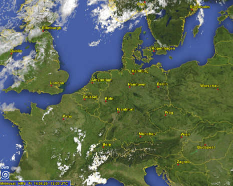Satellitenbild für Mitteleuropa am Freitag, dem 14.08.2026 um 12 UTC