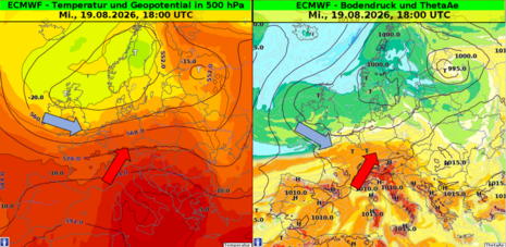 Die synoptische Übersicht mit dem Geopotential und der pseudopotentiellen Temperatur für Mittwoch, den 19.08.2026 um 18 UTC. Vorderseitig eines Troges über Westeuropa wird warme und feuchte Luft herangeführt. Es bildet sich eine Luftmassengrenze aus.