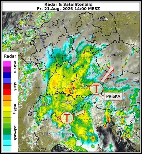Kombiniertes Radar- und Satellitenbild vom 21.08.2026, 14 Uhr. Dazu die beteiligten Tiefdruckgebiete und deren Zugbahn.