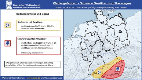 Übersichtsgrafik zur erwarteten Starkregen- und Gewitterlage am Freitagnachmittag und -abend (21.08.2026).