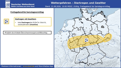 Übersichtsgrafik zur erwarteten Starkregen- und Gewitterlage von Freitagabend bis Samstagvormittag (21./22.08.2026).