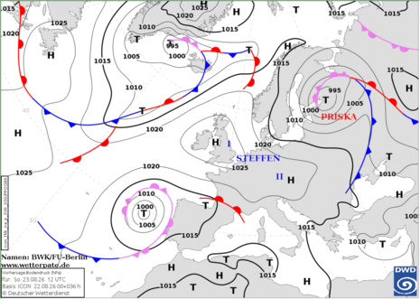 Bodenanalyse mit Fronten und Luftdruck, Sonntag den 23.08.2026 12 UTC. Quelle: Deutscher Wetterdienst