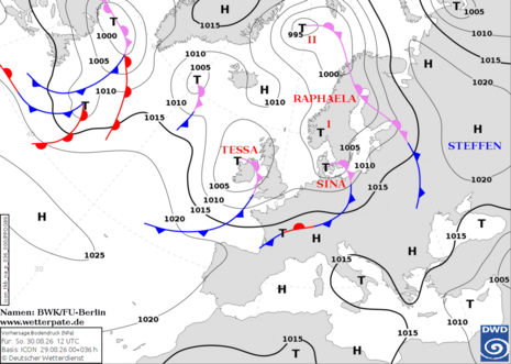 Vorhersagekarte für Sonntag, den 30.08.2026 um 12 UTC. Tief SINA beeinflusst vor allem den Norden des Landes.