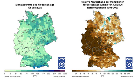 Monatssumme und Relative Abweichung des Monatsniederschlags für Juli 2026 in Deutschland. (Quelle: DWD)