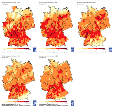 Übersicht des Waldbrandgefahrenindex für die kommenden Tage bis zum Samstag, 08.08.2026. (Quelle: DWD)