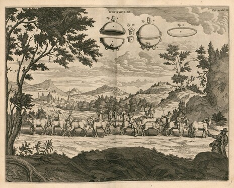 Guerickes Experiment, die beiden Halbkugeln mithilfe von Pferden zu trennen.