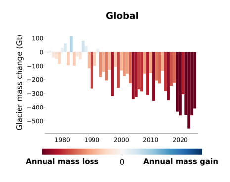 Jährliche globale Massenänderung der Gletscherregionen seit 1976. Rot steht für Massenverlust, Blau für Massenzuwachs. Quelle: WMO / World Glacier Monitoring Service (WGMS).