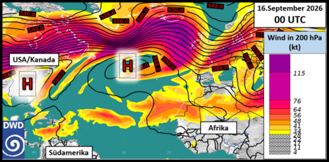 Abbildung 2: Windgeschwindigkeit in 200 hPa (Flächendarstellung in Farbe) und das 500 hPa Geopotenzial (Liniendarstellung).