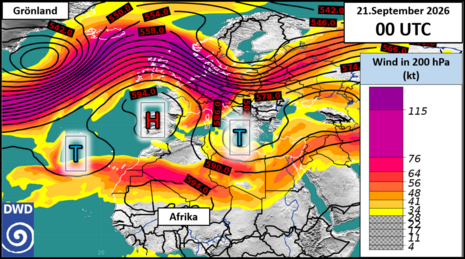 Abbildung 3: Windgeschwindigkeit in 200 hPa (Flächendarstellung in Farbe) und das 500 hPa Geopotenzial (Liniendarstellung).